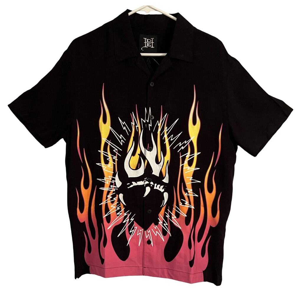 Ed Hardy Mens Shirt Size M Skull Flame Button Up Black Gothic Tattoo Streetwear